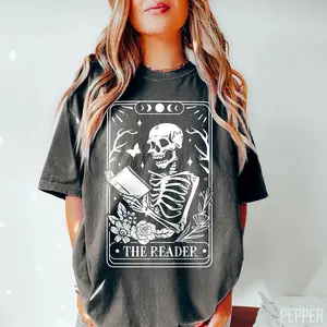The Reader Tarot Card Shirt, Skeleton Reading TShirt, Unisex Tarot Card Sweatshirt, Book Lover Tee, Bookish Shirt, Tarot Lover Sweatshirt