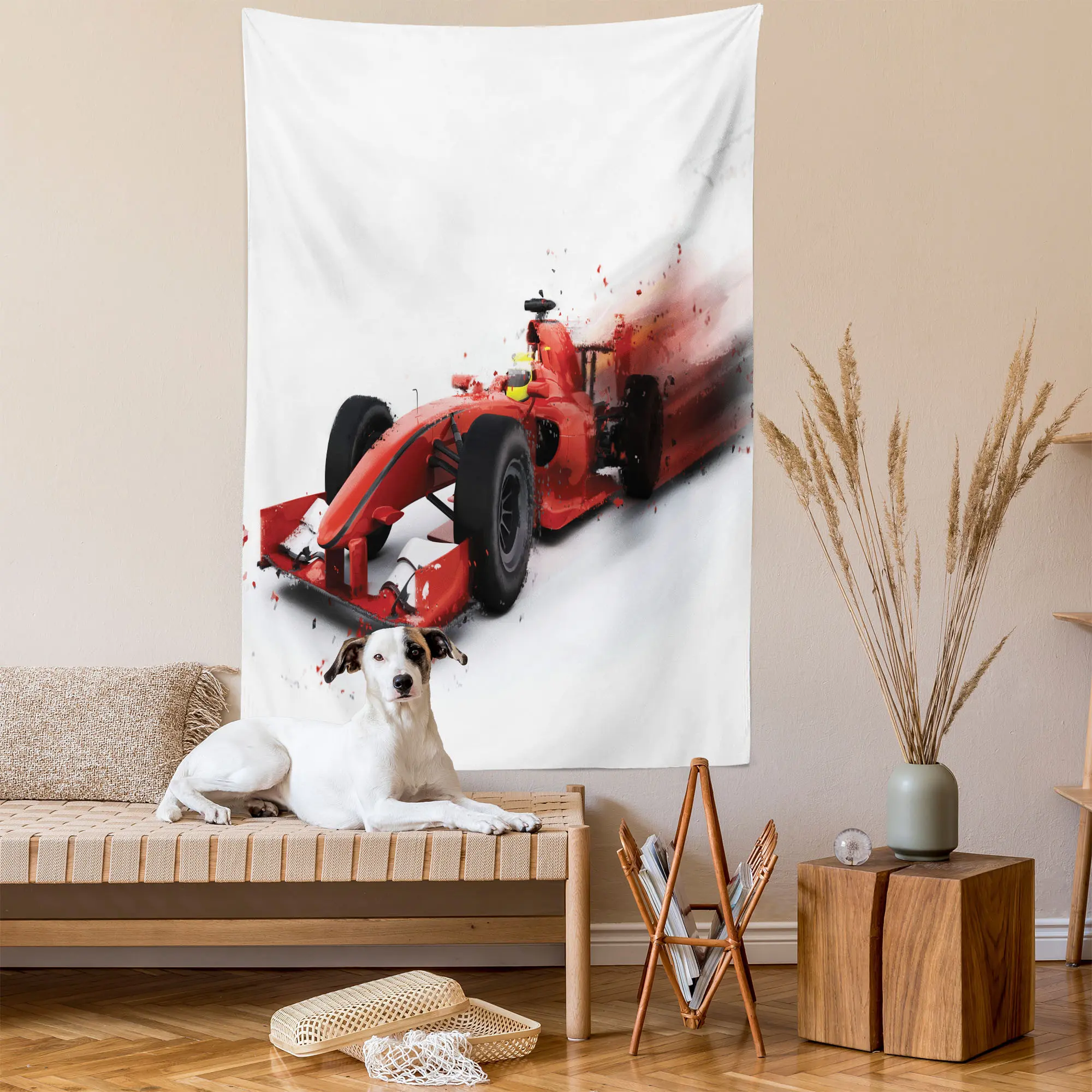 Race Themed Tapestry, Formula Car Illustration with Turbo Feels Illustration on Plain Background Print, Wall Hanging for Bedroom Living Room Dorm Decor, 60" X 80", Black Red