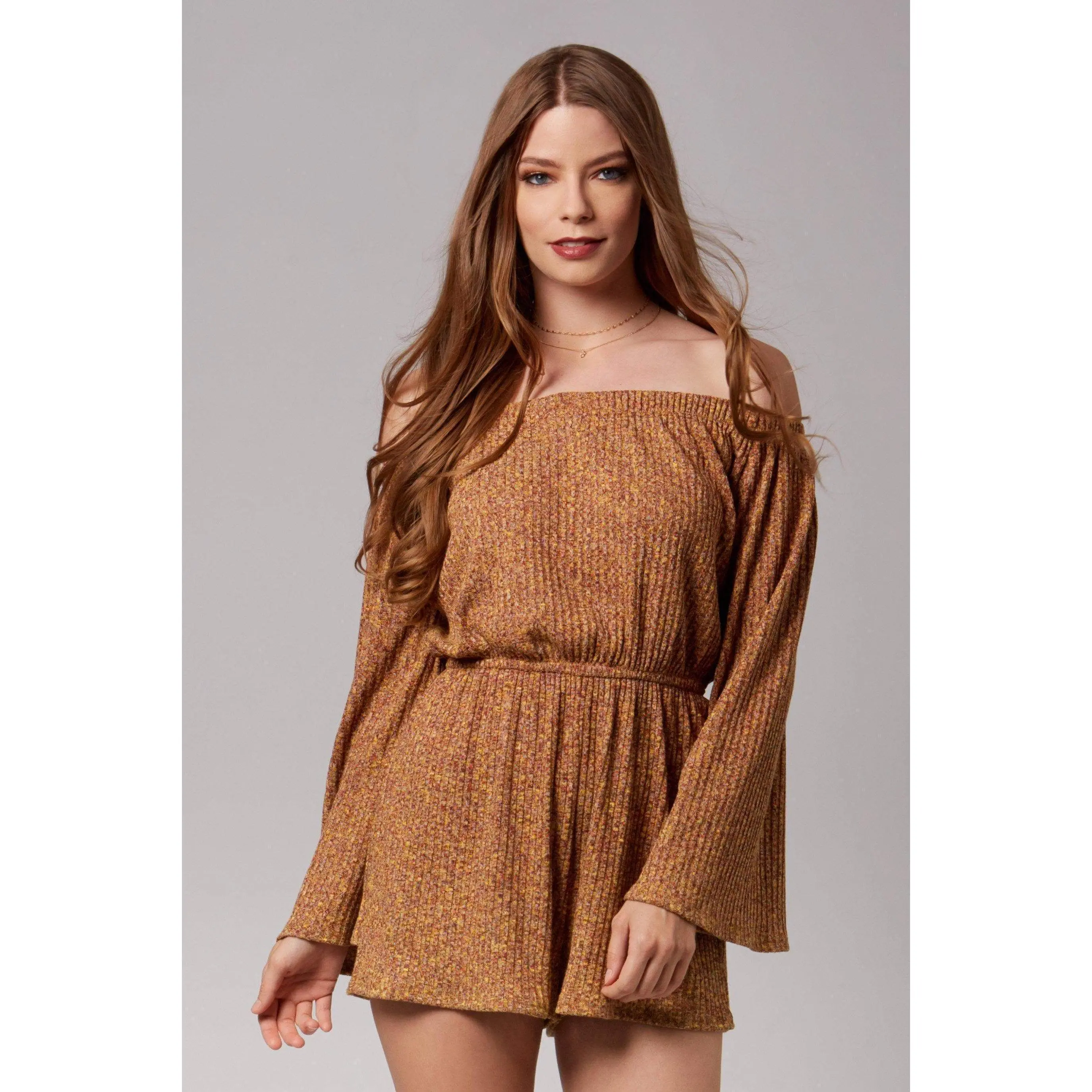Roxy Mustard Knit Long Sleeve Off-The-Shoulder Romper