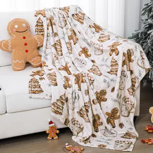 1PC Gingerbread man patterned Christmas blanket and cushion set made of soft flannel, Warm blanket, perfect for decorating homes, offices and other spaces, a wonderful Christmas gift, Cozy Blanket Throw