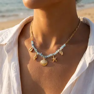 Vacation Ocean Series S Starfish Conch Pendant Necklace For Women Irregular Stones Coral Pearl Choker Beach Party Jewelry