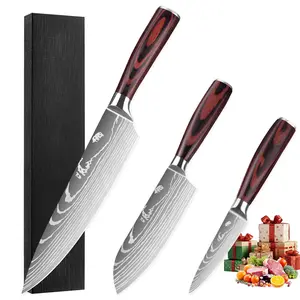3 - Piece Kitchen Knife Set - 4Cr13 Stainless Steel, Artistic Damascus Pattern, Ergonomic Wood Handle Utensils Cooking