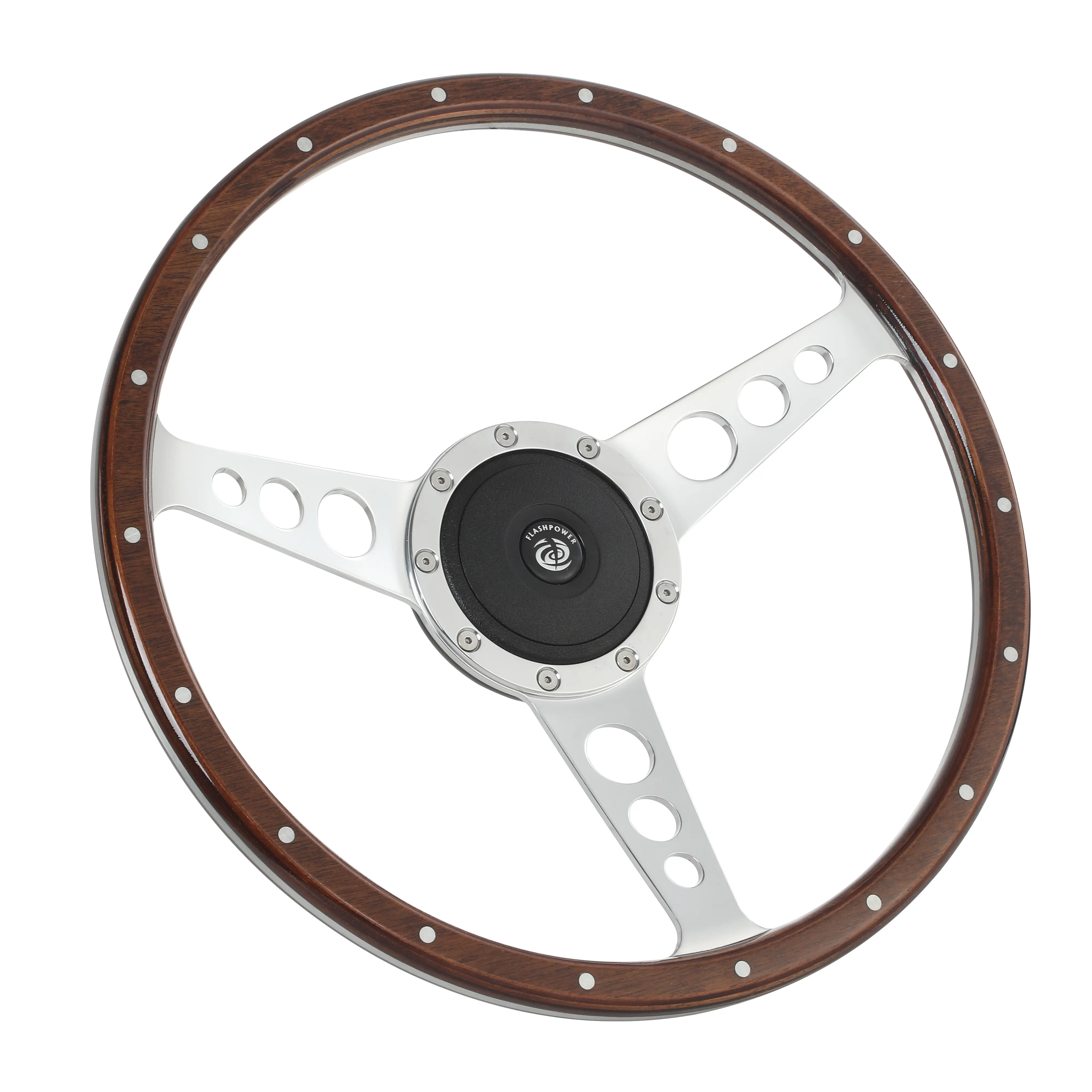 Flashpower 15in Mahogany Wood Steering Wheel, Riveted Rim, Bolt Mounts, Horn Button for Vintage Ford Mustang Shelby AC Cobra Car Interior Accessory