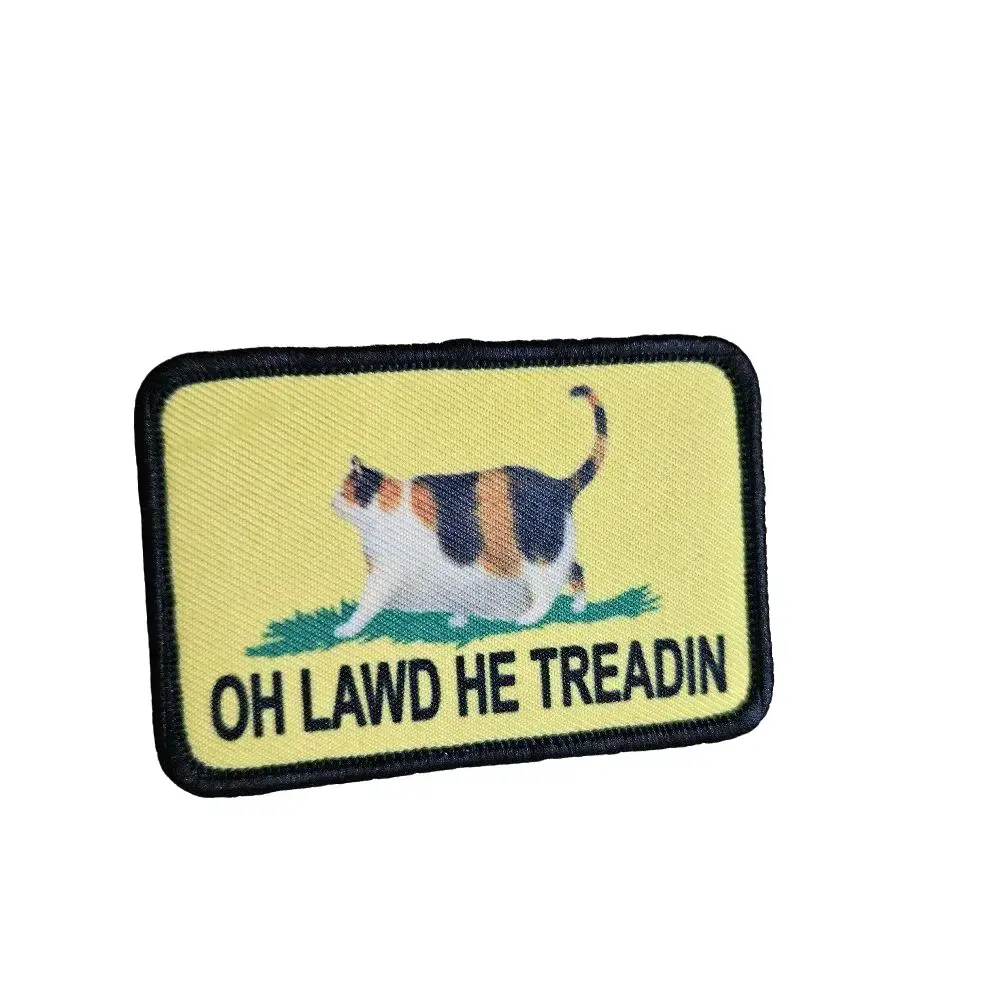 calico oh lawd he treadin meme 2"x3" removable morale patch with hook and loop backing fat cat