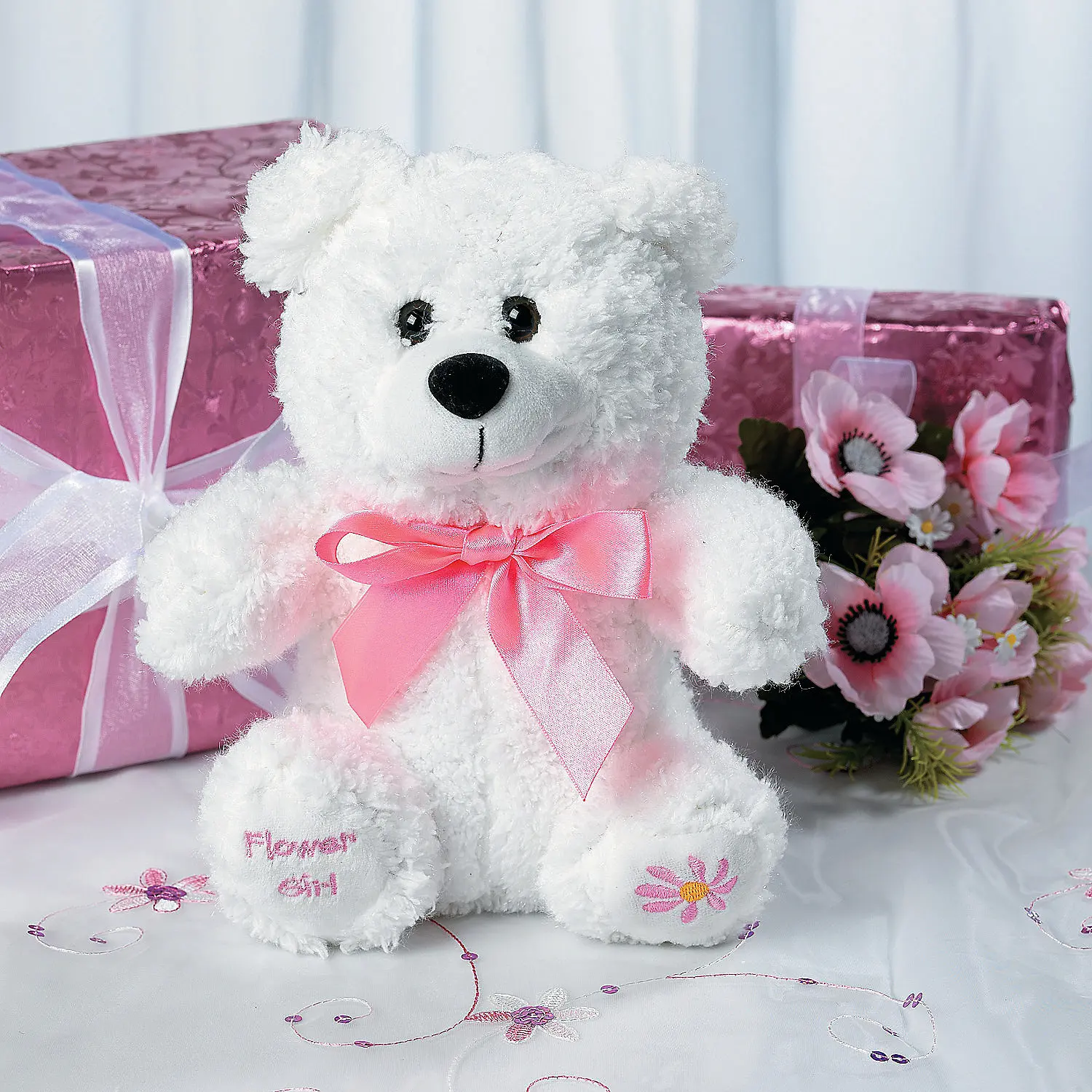 8-in Soft Cuddly Gift Stuffed Bear, Oriental Trading Company Classic Novelty Toy, Soft Huggable Stuffed Animal Gifts with Matching Pink Ribbon, 8 inches, No Warning Applicable