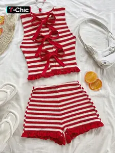 Women's Casual Cute Striped Sleeveless Vest Set with Bow Tie Lace Trim and Shorts, Slim-Fitting Crop Top, Holiday Style, Casual Matching Set, Shorts Sets
