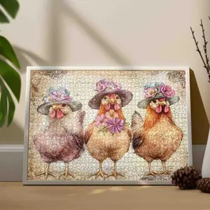Fancy Hat Chickens 1000 Pieces Jigsaw Puzzle Funny Farm Animal Art for Adults Adorable Hens in Floral Hats Whimsical Country Home Decor Gift 27.5x20inch (70x50cm)
