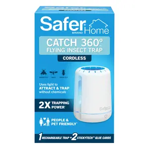 Safer Home Catch 360° Cordless Flying Insect Trap, UV LED Light, Chemical-Free, 10 Day Rechargeable Battery, Effective Fruit Fly Traps for Indoors, Gnat Traps for House Indoor, 1 Device + 2 Glue Cards