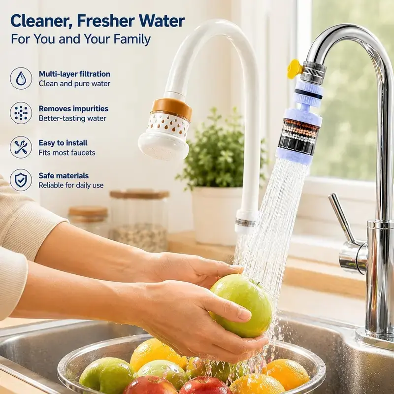Stainless Steel Faucet Filter with Transparent Shell - 1-Count 6-Layer Filtration, 360-Degree Rotatable, Splash-Free Kitchen Faucet Extender Tap Attachment for Washing Fruits, Vegetables, Anti-Splash