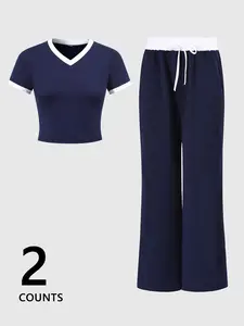 Women's Summer Plain Short Sleeve T-Shirt + Drawstring Sweatpants Set, Casual Two-Piece, Fashion Sporty Long Pants 2-Pack