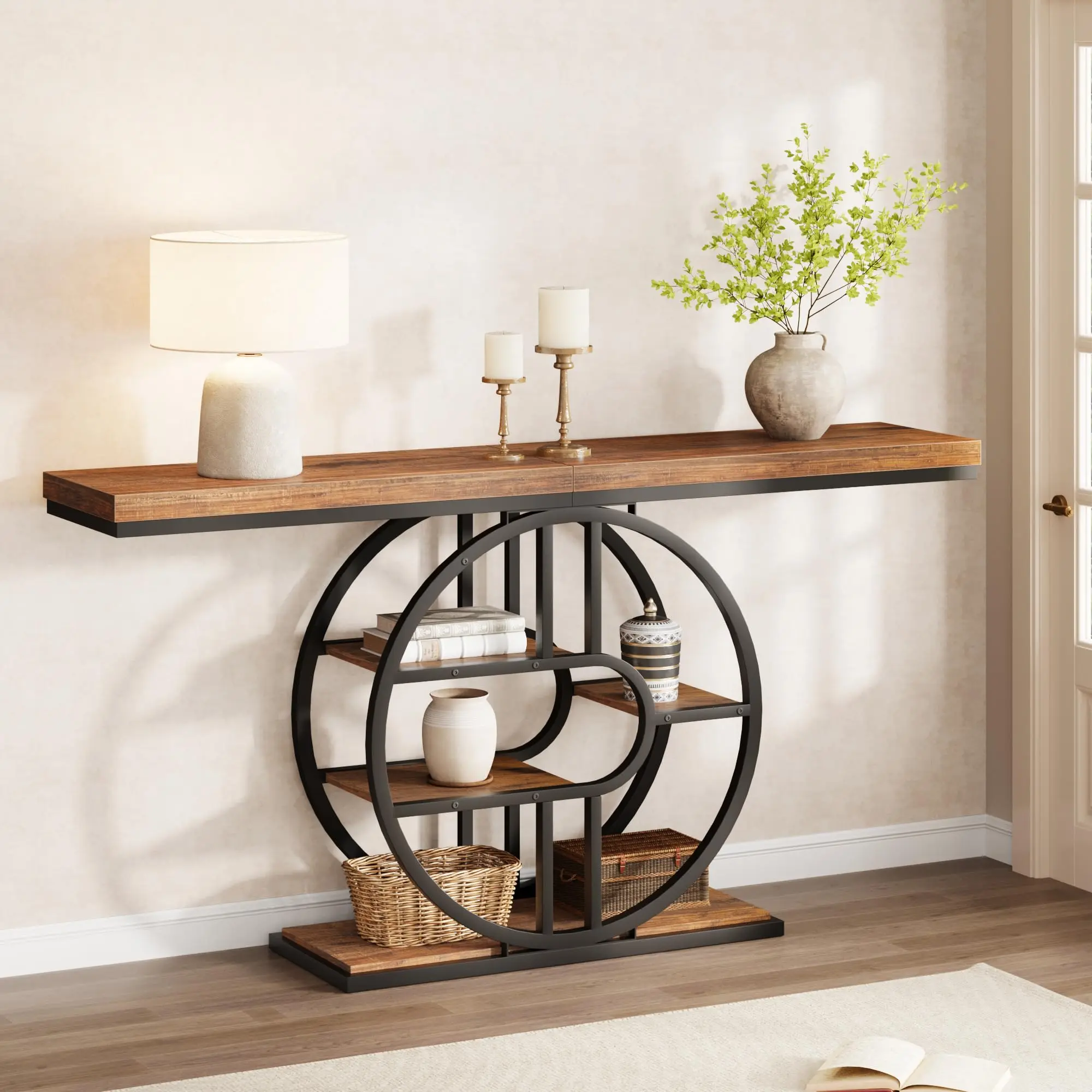 Garvee Industrial Freestanding Rectangle Side Table - 5-Tier Storage, 55-Inch Long Narrow Sofa Table with 1.5-Inch Thick Tabletop, Shelves & O-Shaped Frame, Wipeable with Damp Cloth for Living Room, Entryway
