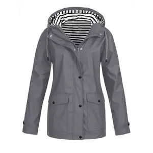 [Waterproof Pink Windbreaker] Pink Waterproof Windbreaker - Women's Casual Polyester Jacket with Striped Hood, Pockets, Machine Washable Fabric Womenswear  aesthetic raincoat rain mate  raincoats sophie rain jacket raincoat snoopy rain jacket women rain j