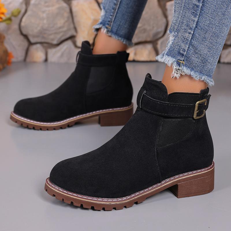 Women's buckle thick low heel anti slip thick sole fashionable ankle boots - round headed solid color short boots, suitable for winter and autumn, casual and formal wear