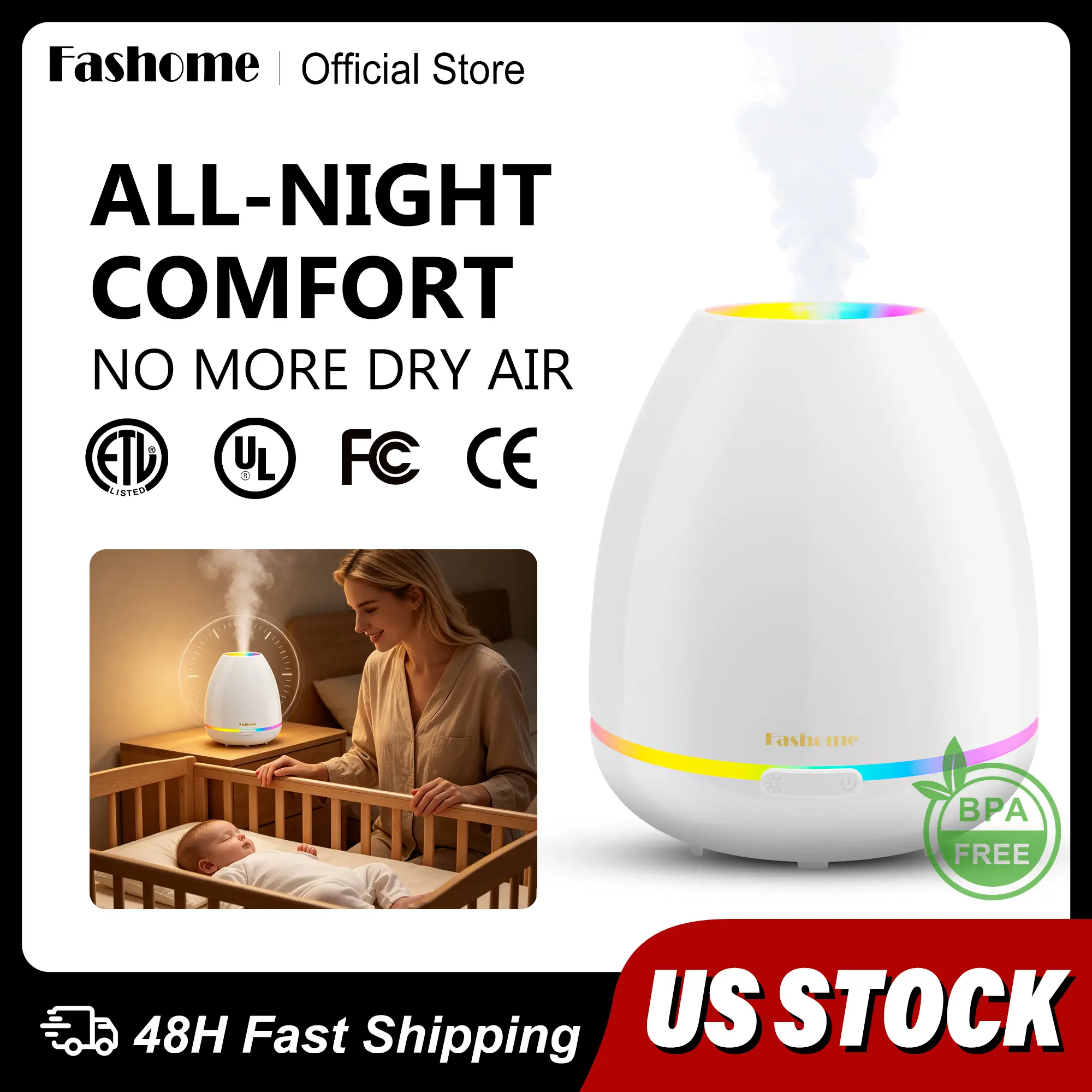 Fashome 300ml Ultrasonic Cool Mist Aromatherapy Diffuser Humidifier - Micro Mist, Smart Fragrance, 7-Color Night Light, 12H Runtime, Ultra Quiet, Auto Shut-Off, BPA-Free for Bedroom, Home Office, Micro Mist Humidifier