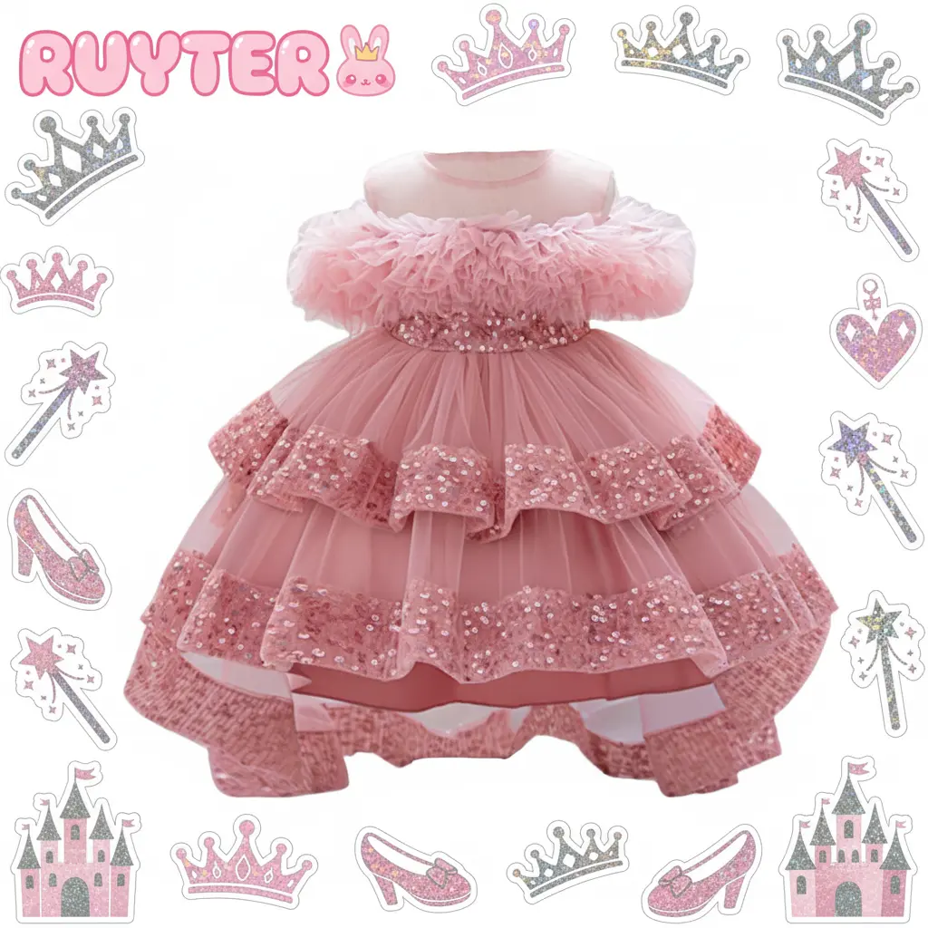 Girls' Tulle Ball Gown - Shiny Glitter Sequin Round Neck High-Low Toddler Pageant Dress, Single Holiday Dress for Birthday Weddings, Toddler Pageant Dresses