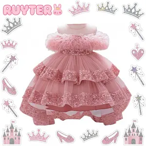 Kids Girls Tulle Ball Gown Shiny Sequins Round Neck High Low Party Dresses for Birthday Wedding Dress