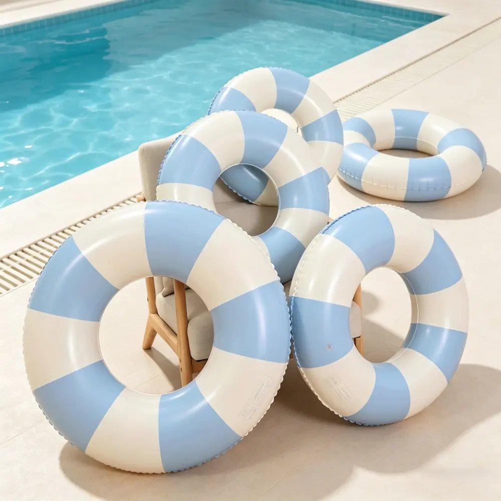 1pc retro blue striped inflatable swimming ring, suitable for children and adults, summer beach party swimming ring, durable water float for pool/lake/vacation photography, available in multiple sizes