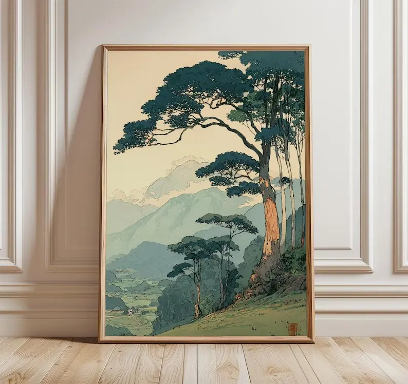 Vintage Japanese Forest Poster, Tranquil Mountain Landscape Wall Art, Retro Nature Print, Minimalist Tree Scene, Serene Home Decor