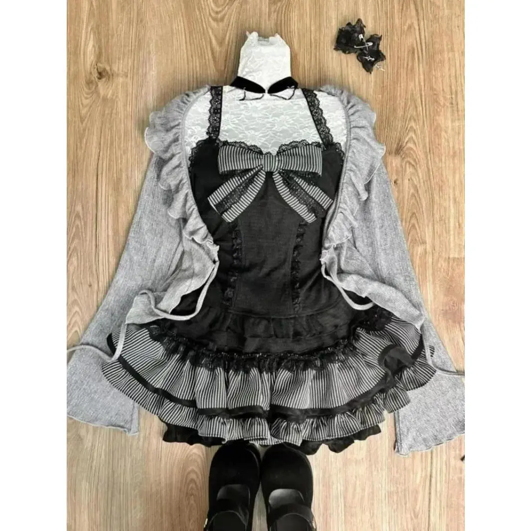Sweet Lolita Early Autumn Three Piece Set Lace up Ruffles Cardigan Sexy Slim Fit Strapless Vest Tops High Waist Ruched Skirts