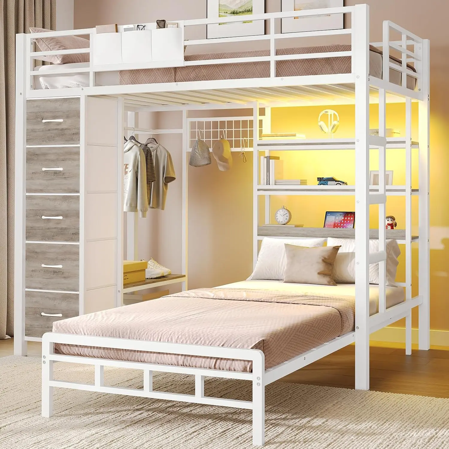 VIAGDO L-Shaped Metal Bedframe Twin Over Twin Bunk Bed with 5 Storage Drawers, Charging Hub, Lights, Shelves, Bedside Pocket, Guardrail & Ladder, Kids Bed Frames with Storage, White
