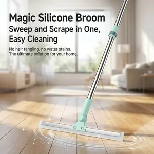 Adjustable Floor Squeegee with Long Handle, Multi-Surface Water Broom & Window Sweeper for Bathroom, Garage, Deck, and Pet Hair Removal - Lightweight Stainless Steel Pole with Scratch-Free Blade Cleaning