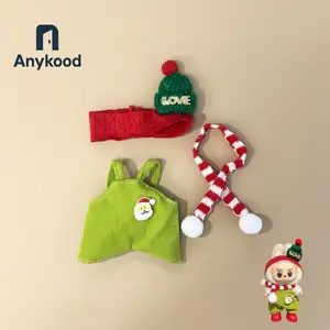 Anykood Labbubu Christmas Outfit 'LOVE' Knit Hat Stripe Scarf & Santa Badge Doll Clothes Corduroy Elf Set for 10-17 cm Dolls Festive Plaid Labubu