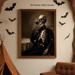 1Pc,Retro Style,Red Wine,Skull,Gentleman Pattern,Halloween Festival Decoration,Horror Art Painting,Canvas Prints,Halloween Theme,Suitable For Living Room,Bedroom,Home Decoration And Perfect Gift