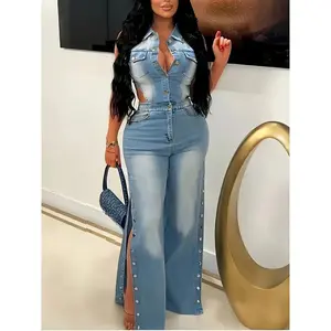Women's denim jumpsuit wide leg sleeveless button down work pants, suitable for fashionable street styles in spring, summer, autumn, winter