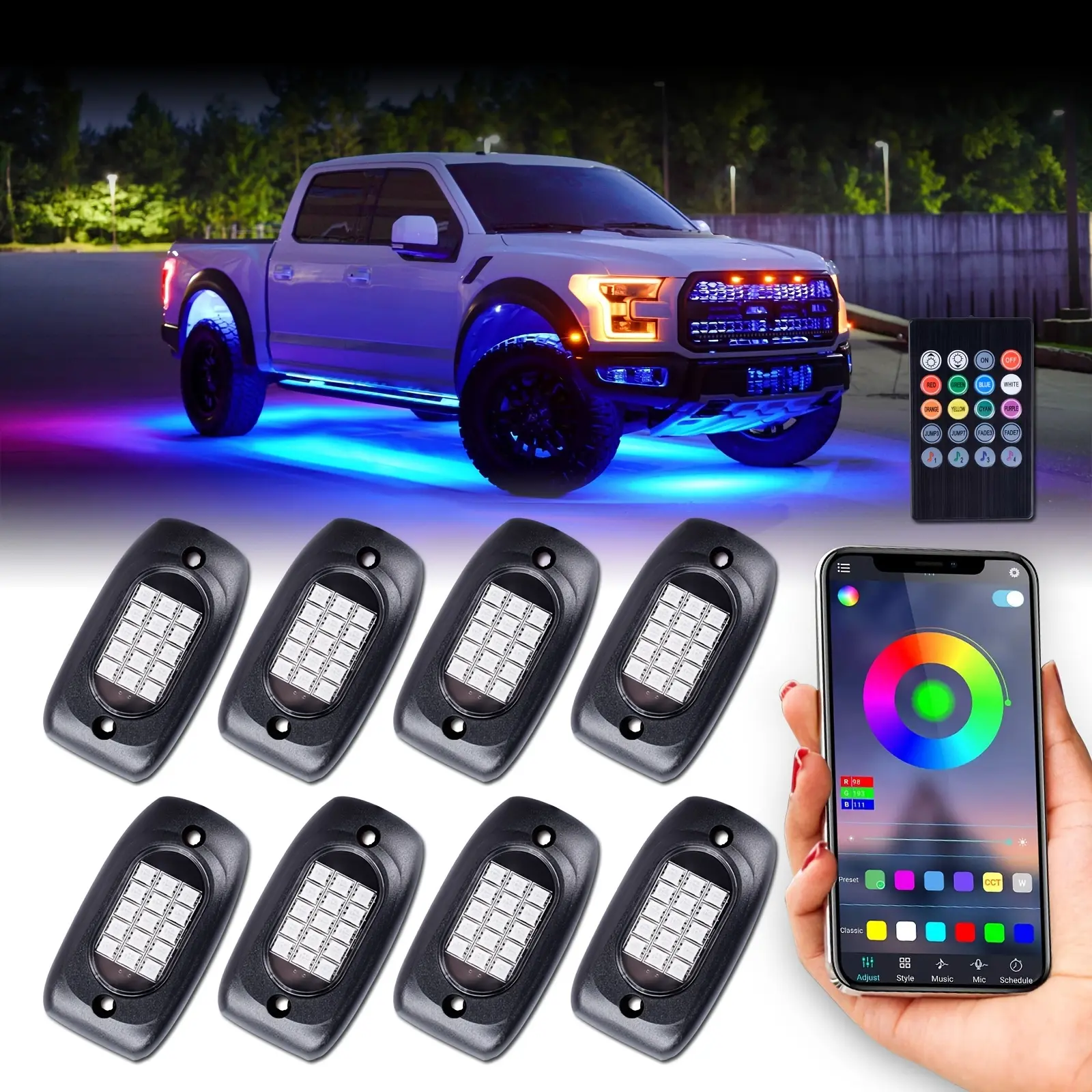 RGB LED Rock Lights Kit - 8-Pod Underglow Strobe Flashing Multifunctional Ambient RGB Atmosphere Car Lights with Bluetooth App Control, Music Mode for Off Road Trucks, SUVs, Strobe Light, Led Lights Car