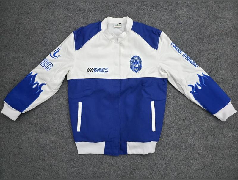 Zeta Phi Beta Flame Race Jacket - Women's Royal Blue & White Varsity Bomber with Embroidered Logo & Flame Graphics