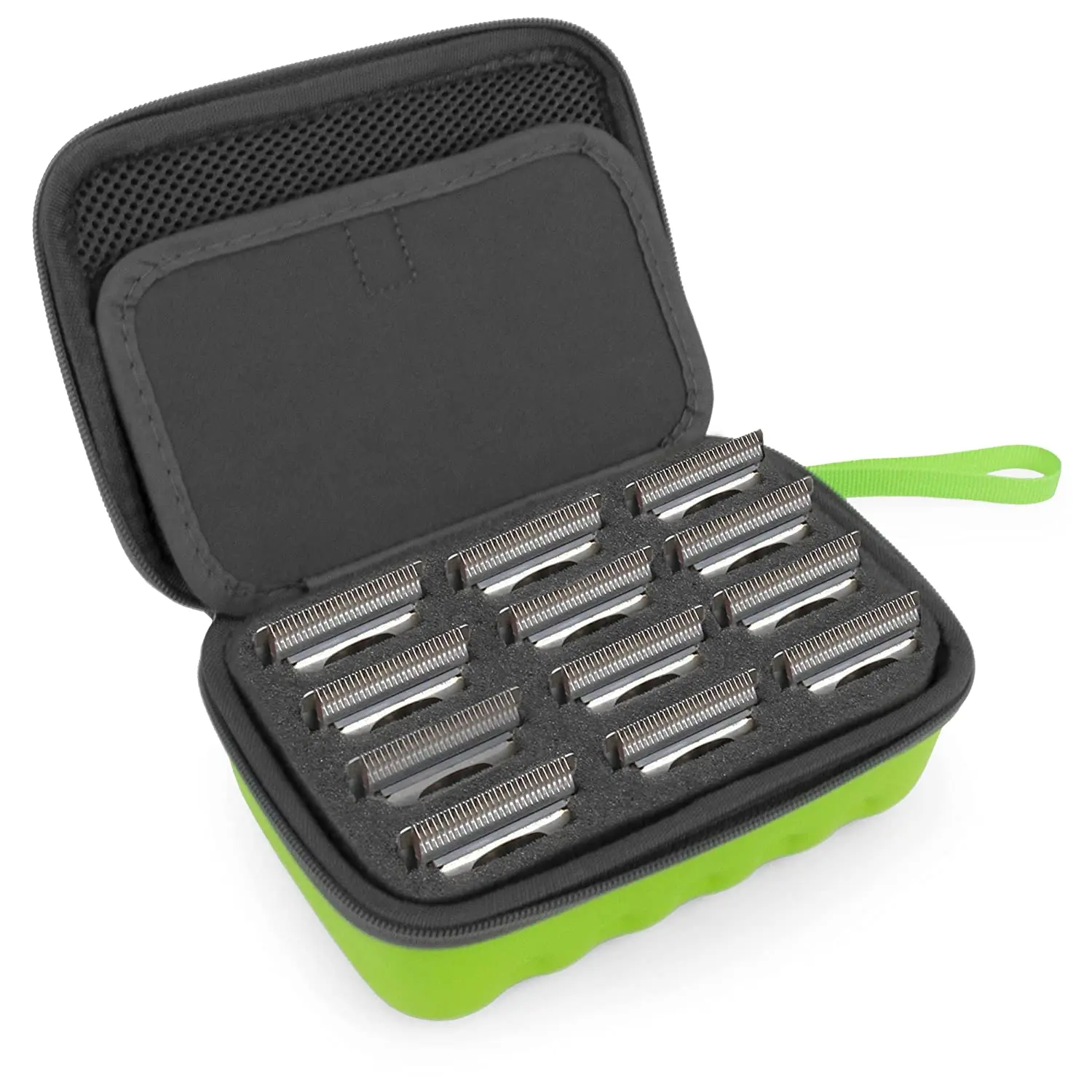 CASEMATIX Green Clipper Blade Holder for 12 Blades - Durable Removable Protective Case with Foam and Hard Shell for Barber Grooming Tools