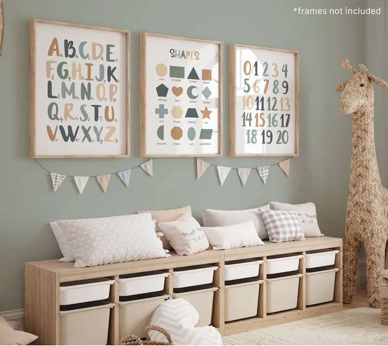 Set of 3 Educational Nursery Prints, Shapes Print, Alphabet Chart, Numbers Chart, Scandi Nursery Decor, Playroom Prints