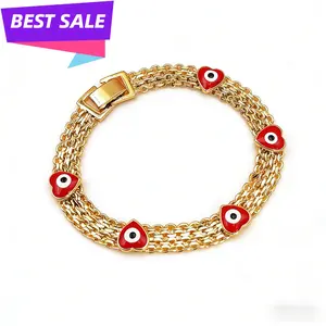 2026Boho-Chic Evil Eye Charm Bracelet for Women - Luxe Wide Golden-Tone Copper Chain with Red Bead Charms, Everyday Jewelry & Festival Gift, Durable Protection Symbolism, Year-Round Bohemian Accessory, Cute Jewelry, Festival Accessories