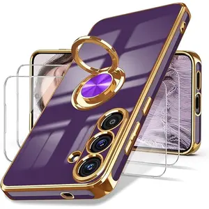 Samsung Galaxy S25 FE 5G Case with Screen Protector 360° Rotatable Ring Holder Magnetic Kickstand Plated Gold Edge Slim Soft TPU Cover Deep Purple