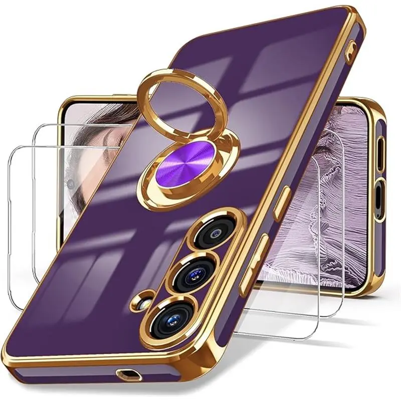Samsung Galaxy S25 FE 5G Smartphone Casing with Screen Protector, 360° Rotatable Ring Holder, Magnetic Kickstand, Plated Gold Edge, Slim Soft TPU Cover, Deep Purple - Full Protection Cellphone Accessories