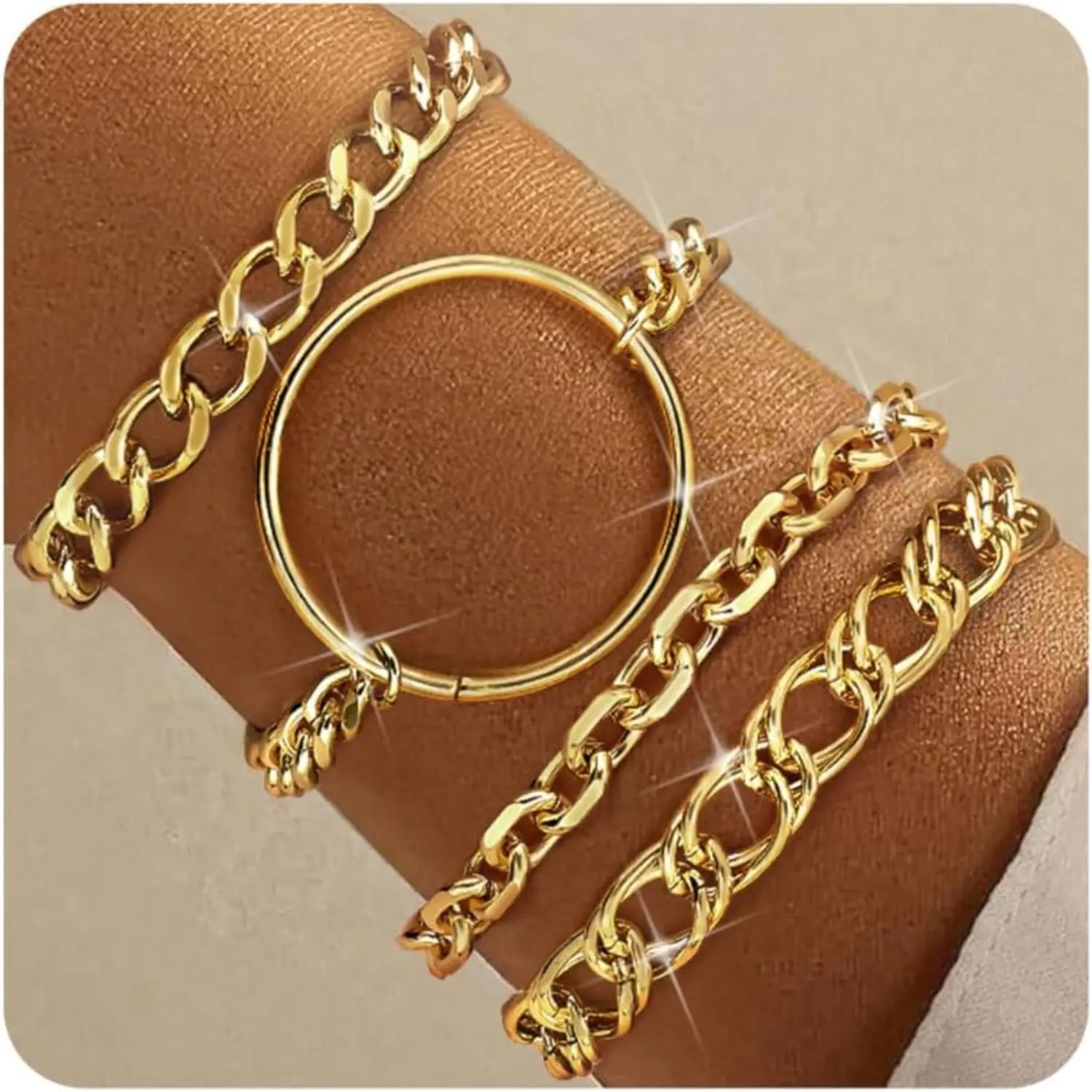 Florideco Women's Non-Tarnish Chunky Stack Round Shape Jewelry Set - Layered Cable Rope, Snake Chain, and Dainty Cuban Links for Bracelet Stacking,summerwins