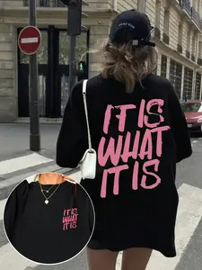 Women's Black "It Is What It Is" Pink Graphic Oversized T Shirt, Y2K Streetwear Pink Brush Stroke Letter Print Casual Tee, Back Print Loose Fit Top, Perfect for Daily Wear, Street Style #springsaledeals2026 #summeroutfits #tiktokshopmademebuyit