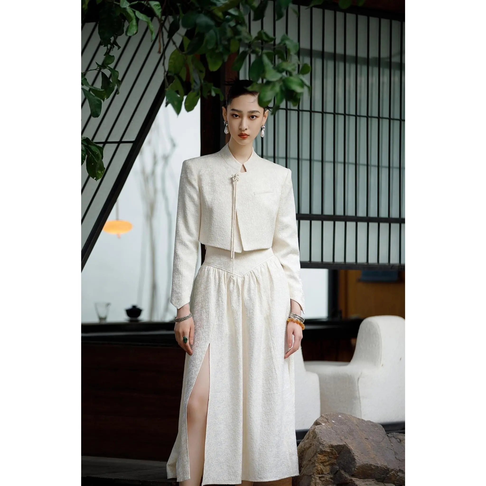 Cream Colored Cropped Blazer and Full Skirt Set