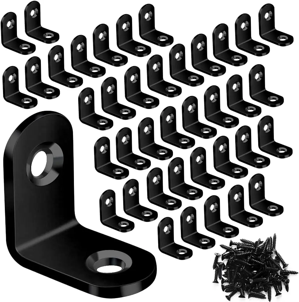 40PCS L Bracket Corner Brace Sets, Stainless Steel 90 Degree Right Angle Bracket, Metal L Brackets with 80PCS Screws, Black (20mmx20mm)