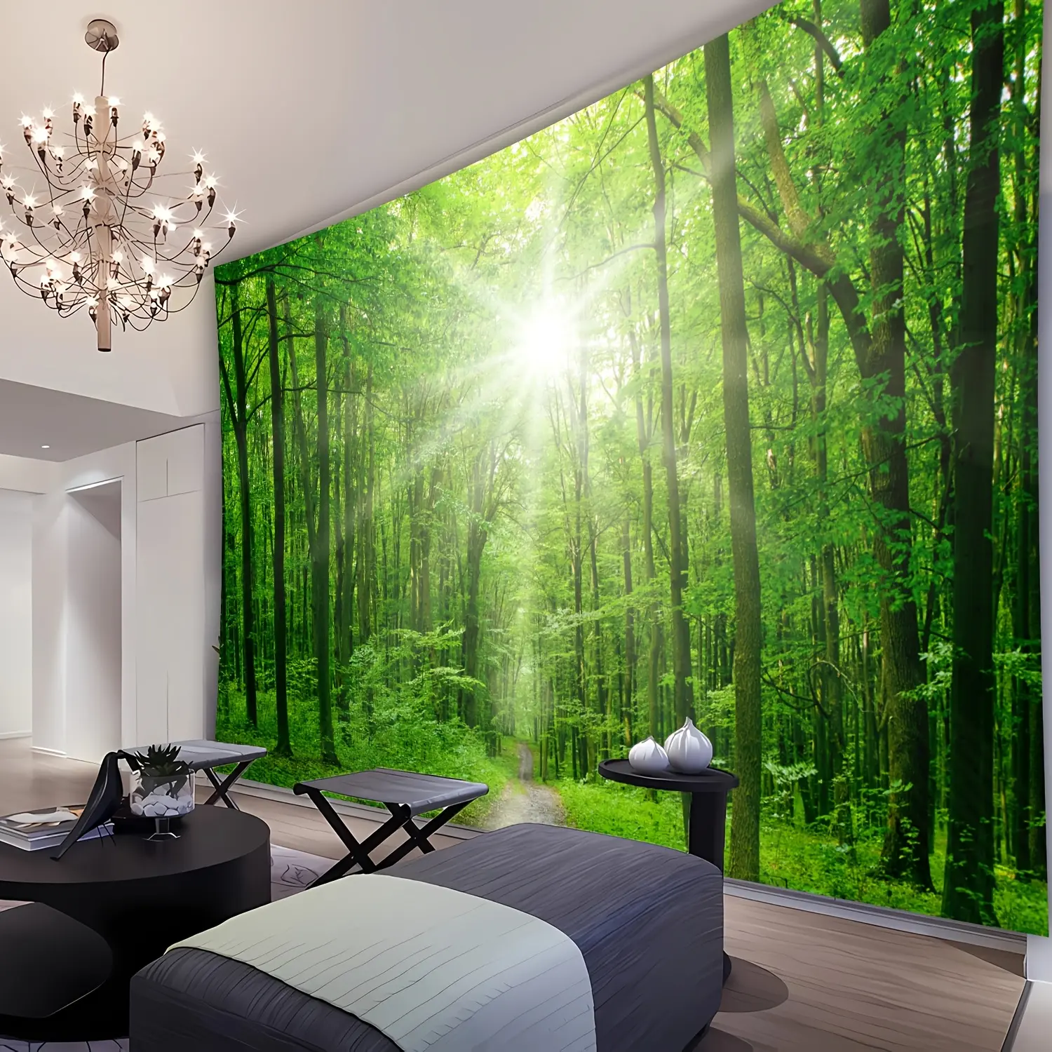 1pc Polyester Ultra-Large Green Forest Sunlight Natural Scenery Wall Tapestry - Photography Background Cloth, Birthday Gift, Living Room/Bedroom Decor with Free Hanging Clips