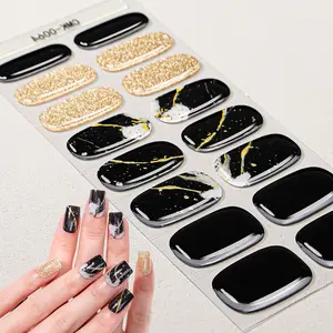 16 tips Gel Nail Full Wraps, Black Marble Nail Strips, Long-Lasting Self-Adhesive Full Nail Stickers, Golden stamping Stripe Design, Autumn&Winter, Disposable Use, for Women And Girls, Easy to Apply Remove, Quick Nail Art, UV Free, Manicure Stickers