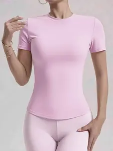 Women's Slim Fit Solid Color Round Neck Short Sleeve Sporty T-Shirt, Casual Daily Wear Top, Comfortable Fashion Women's Clothing