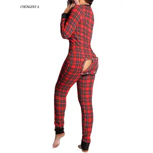 CHENGDEFA Women's Onesie Butt Flap Pajamas Christmas Long Sleeve V-Neck Bodycon Sleeping Romper Detachable Crotch Home Clothes