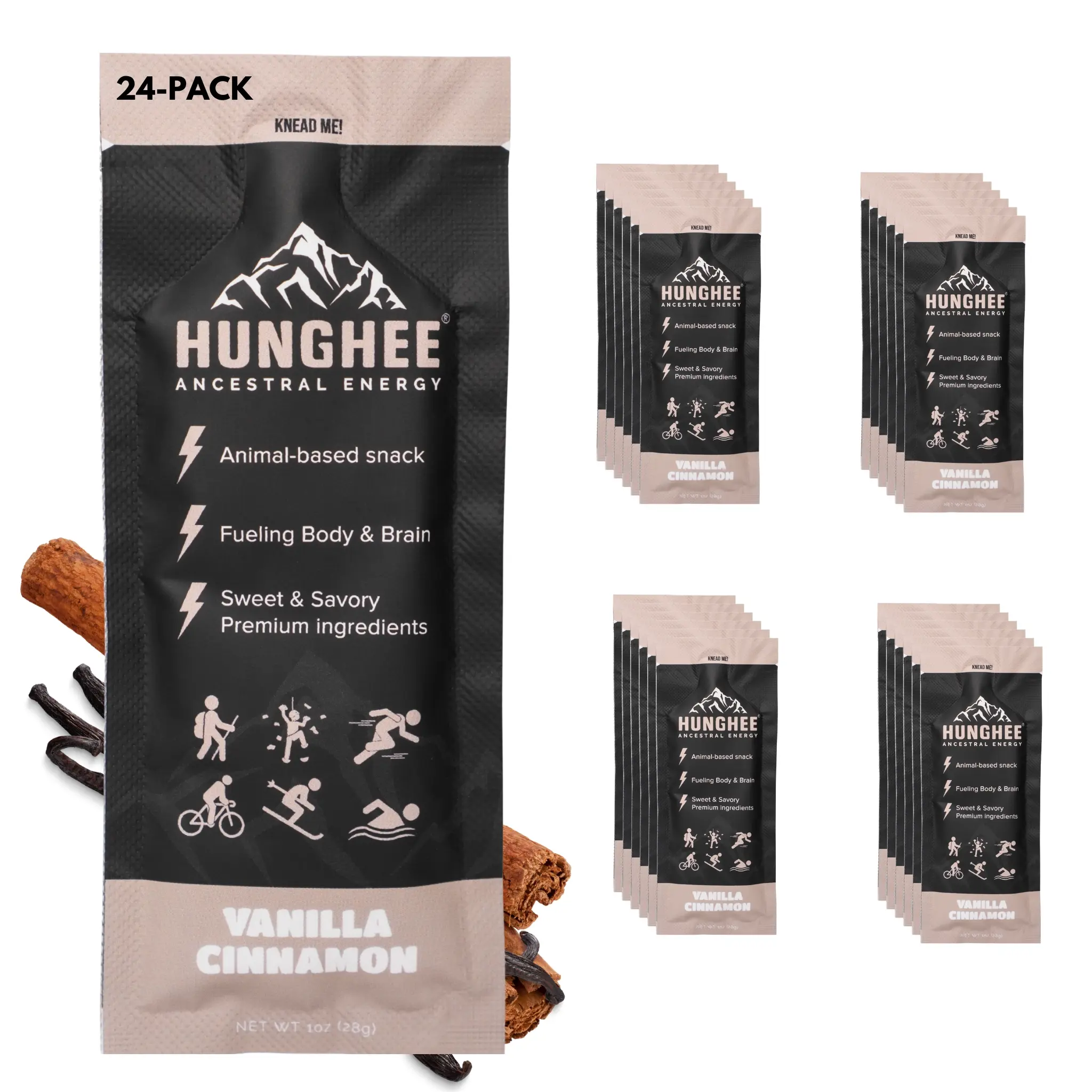 Hunghee Energy Vanilla Cinnamon 24-Pack - Organic Grass-fed Ghee Packets Raw Honey Sea Salt Healthy Snack