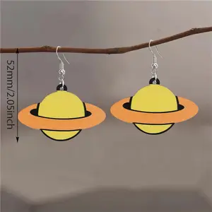 Handmade Lightweight Wooden Flying UFO Drop Earrings Cute Bohemian Natural Wood Planet Shaped Dangle Drop Earring Astronaut Novelty Hook Earring for Women
