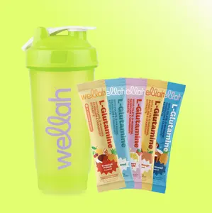 Wellah L-Glutamine Sample Pack + Shaker Bottle | Includes Tropical Punch, Strawberry Lemonade, Unflavored, Peach Mango & Blue Hawaii Flavors with Shaker Bottle - Top Selling Value Pack