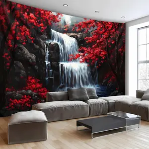 [Fantasy Forest Tapestry] 1pc Extra Large Fantasy Red Forest Waterfall Landscape Photo Tapestry - Polyester Aesthetic HD Print Wall Hanging - Living Room Bedroom Office Home Party Decor - No Installation Needed - Landscape Decor - Vibrant Wall Art - Easy