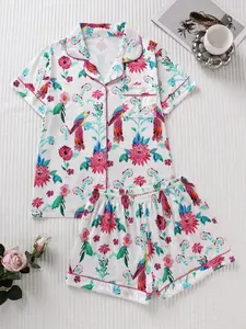 Women's Bird & Colorful Floral Print Pajama Set, Fitted Short Sleeve Top & Loose Shorts, Elegant Comfortable Sleepwear, Sleepwear Pajamas Set