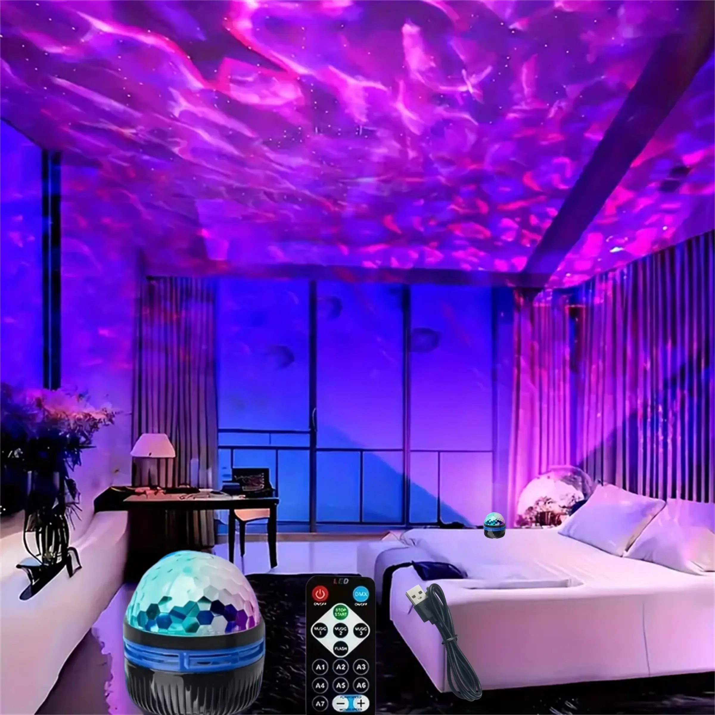 Multifunctional Water-Ripple LED Night Light, USB-Plug and Remote-Control Projector, Desktop Decorative Atmosphere Light for Home, Party Lighting Decoration, LED Light Entertainment, Led Lights Bedroom, Led Nightlight