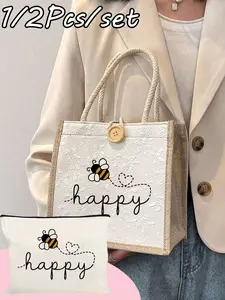 Cute Bee Handbag Set, Lightweight Fashionable Shopping Bag with Mini Wallet, Travel Makeup Bag, Perfect Gift for Mom Teacher Friend